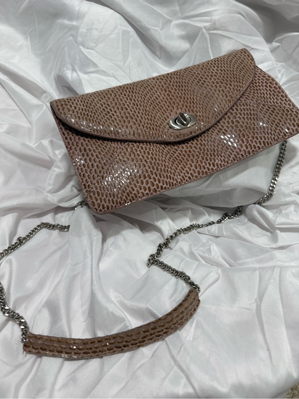 Snake-Embossed Taupe Envelope Crossbody Bag with Silver Chain